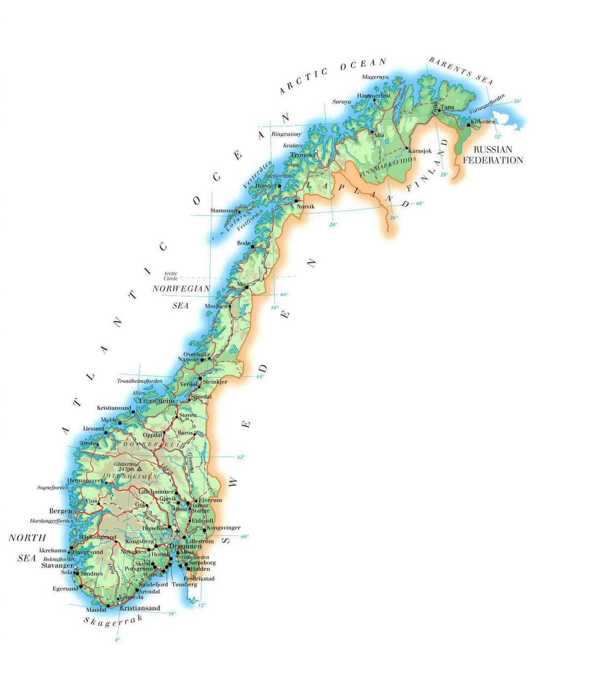 मानचित्र नॉर्वे की ऊंचाई