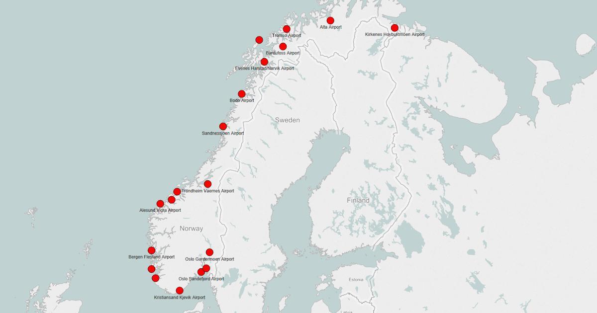 मानचित्र नॉर्वे के हवाई अड्डों
