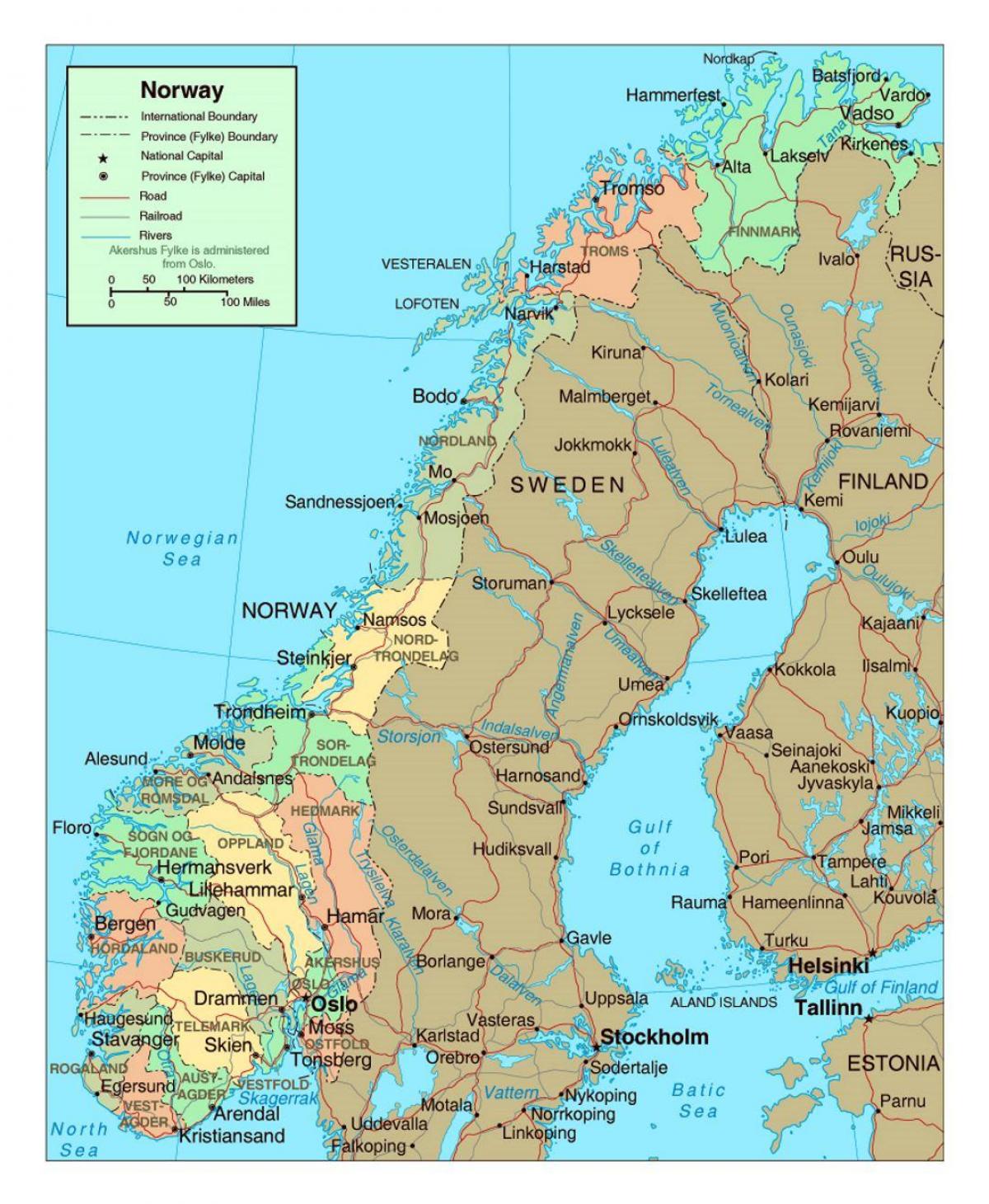 सड़क मानचित्र नॉर्वे के शहरों के साथ
