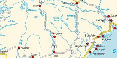 नक्शे के दक्षिण नॉर्वे